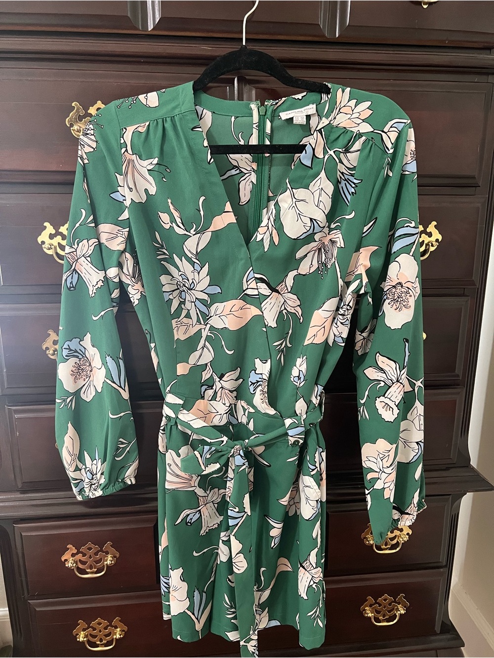 Green Floral Wrap Dress with Tie Waist